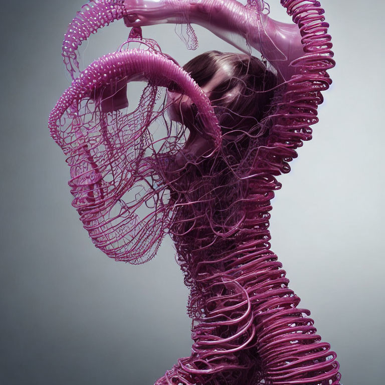 Avant-garde purple costume with sculptural head form.