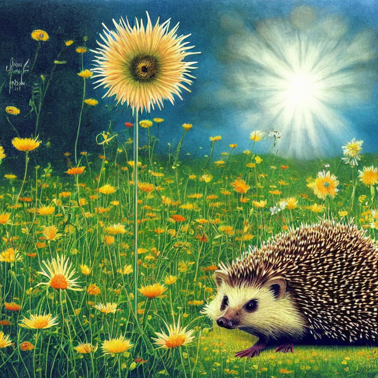 Hedgehog in Vibrant Dandelion Field with Sunburst