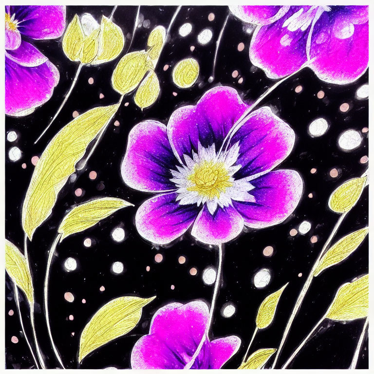 Colorful Purple Flowers with Yellow Centers on Black Background