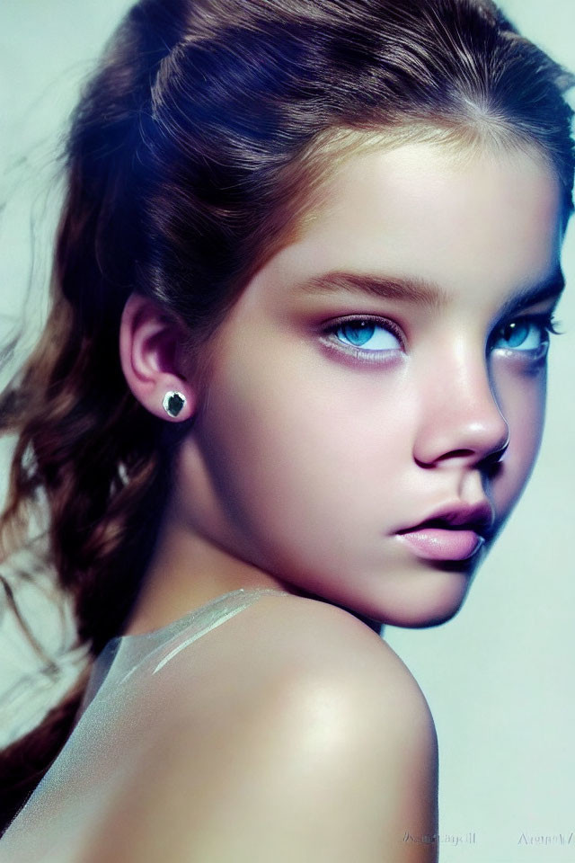 Young girl with blue eyes and braided hair in soft lighting.
