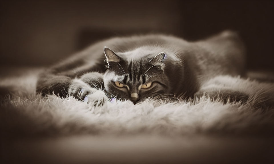 Black and White Photo of Relaxed Cat on Fluffy Surface