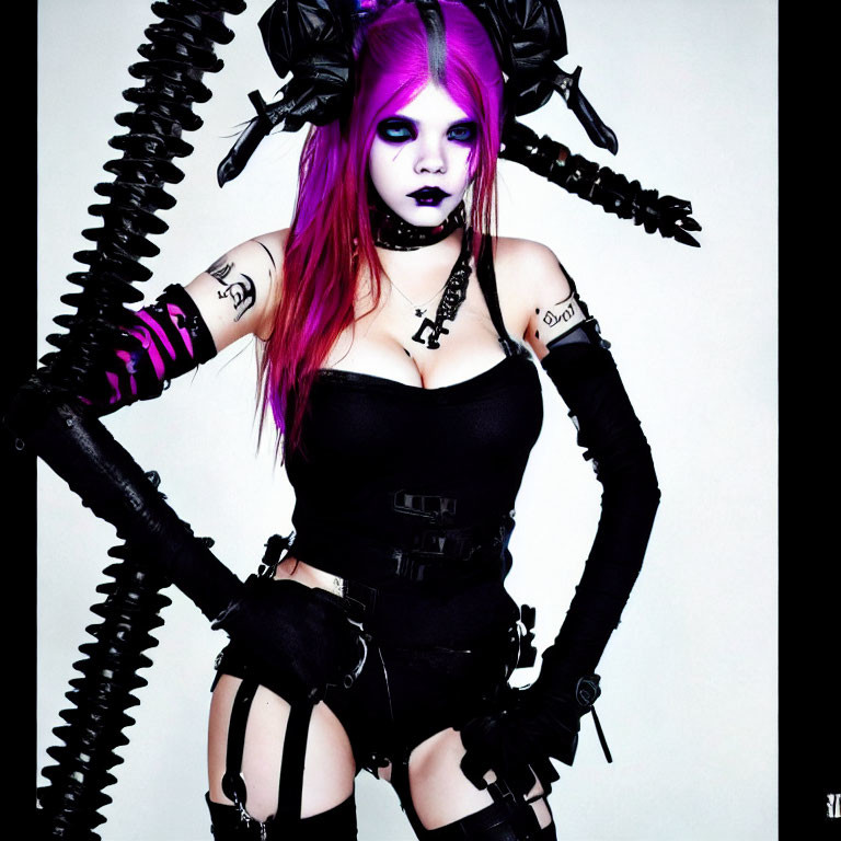 Purple-haired woman in punk goth attire with industrial props on white background