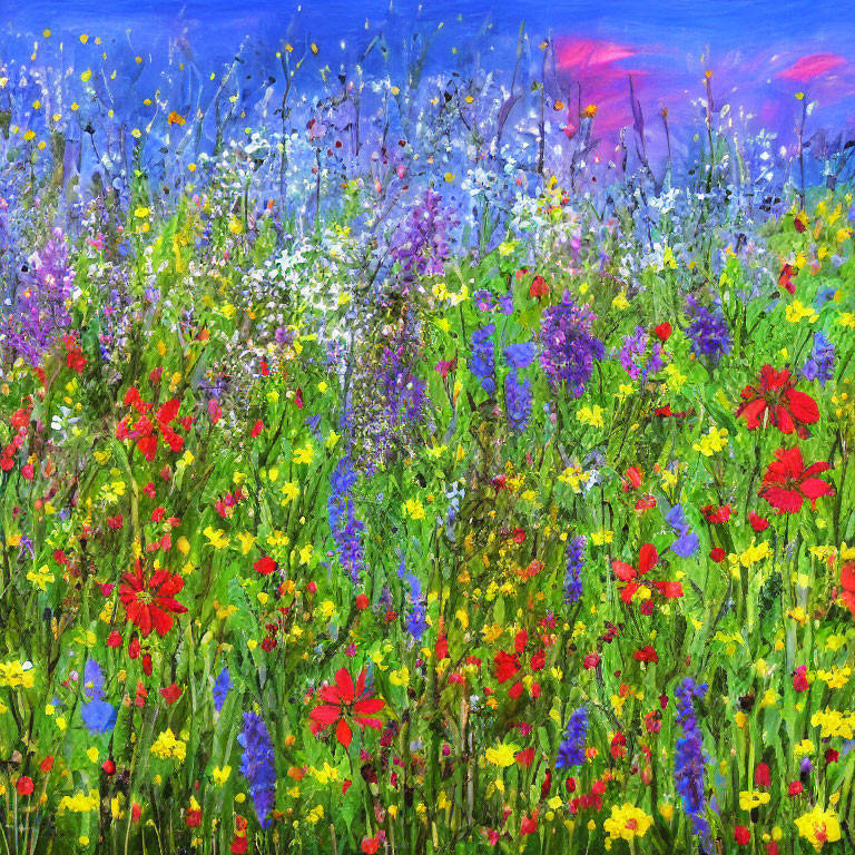Colorful Wildflower Meadow Painting Under Blue Sky