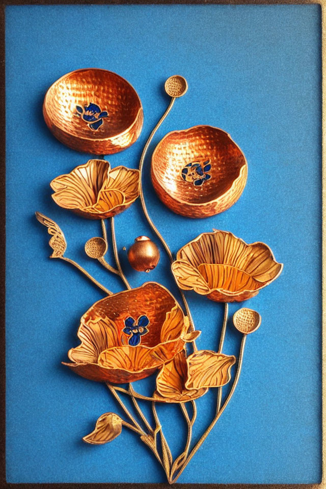 Floral Copper Wall Art with Integrated Bowls on Blue Background