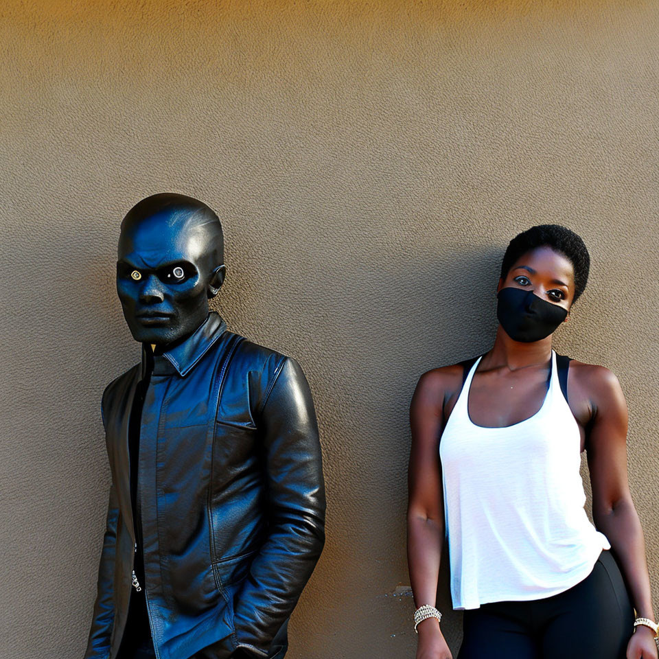 Person in black mask and leather jacket with woman in tank top and mask against tan wall