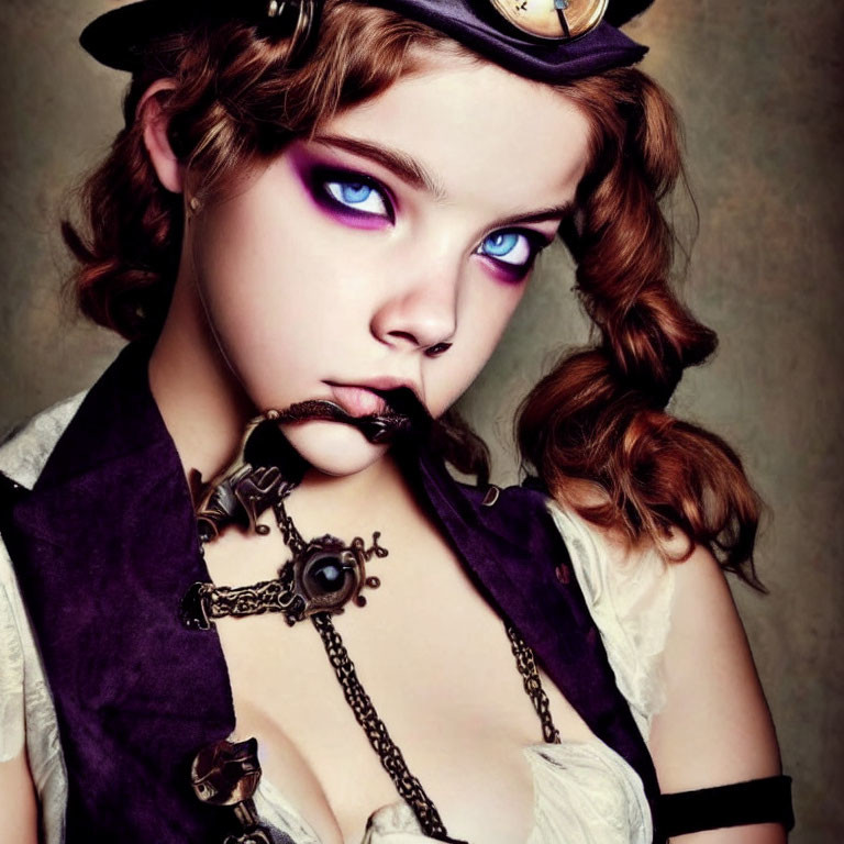 Stylized portrait of a person with purple eye makeup in steampunk outfit