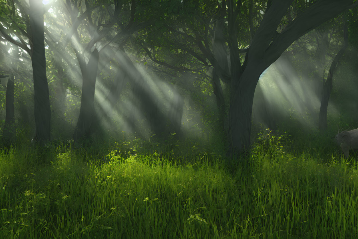 Misty green forest with sunlight streaming through canopy