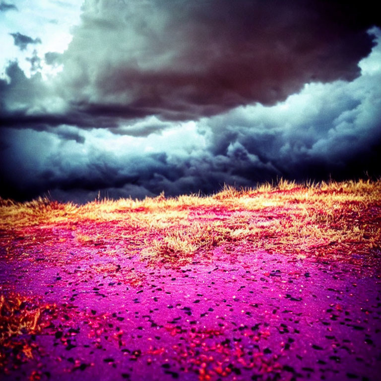 Vibrant purple field under stormy sky with dark clouds - Surreal landscape