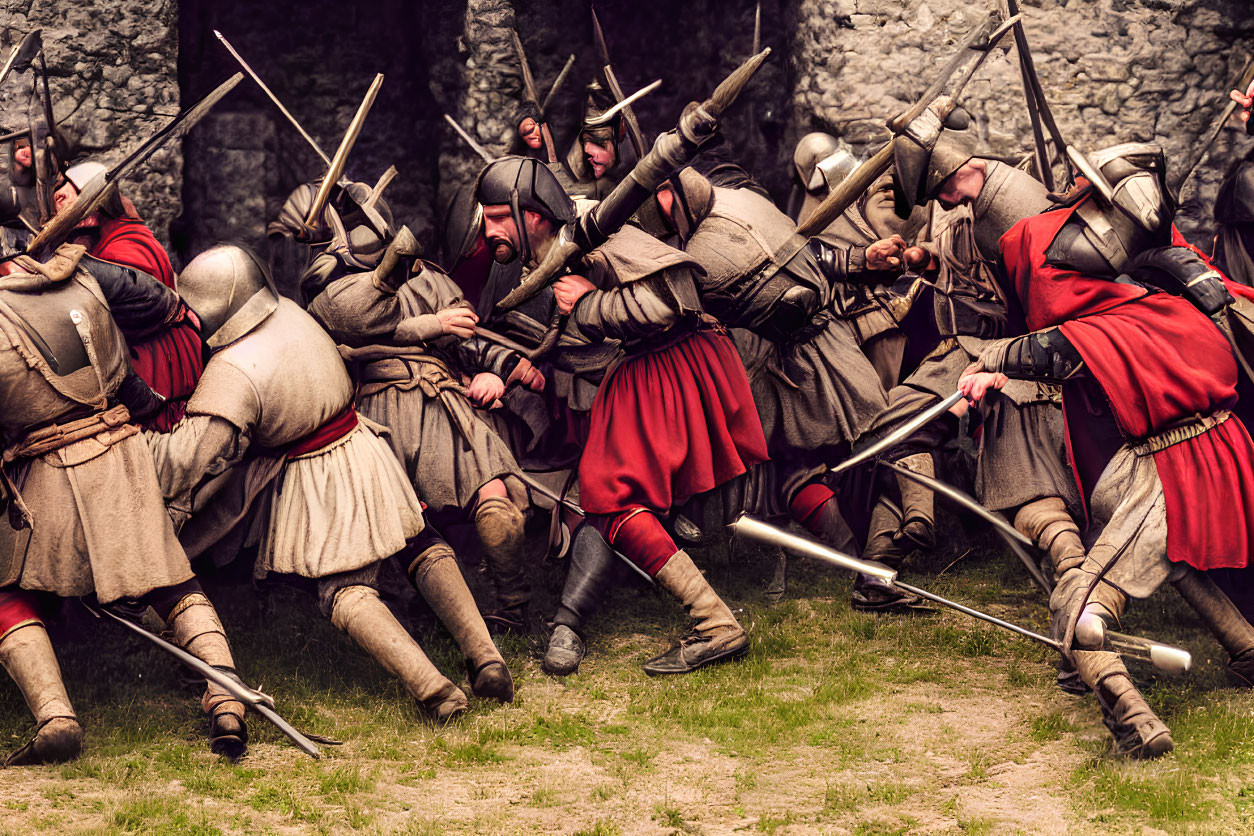 Medieval reenactors in historical costumes battle near stone fortress