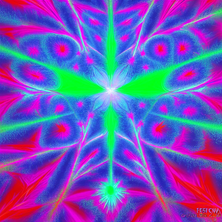 Symmetrical Neon Digital Art with Vibrant Colors and Feather-Like Patterns
