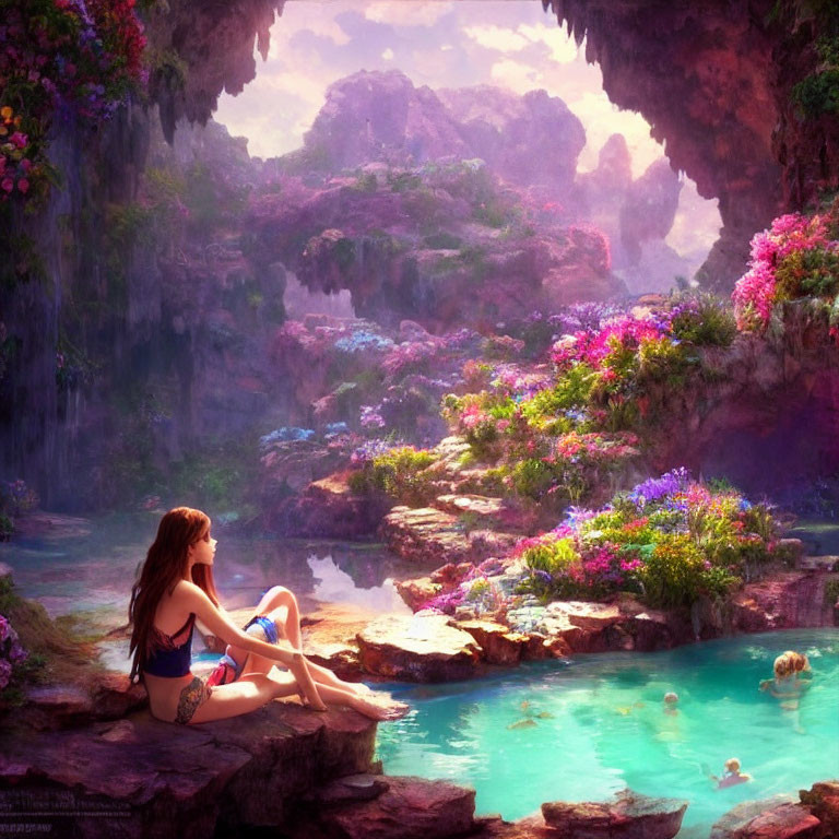 Woman sitting by serene water pool in colorful, sunlit landscape
