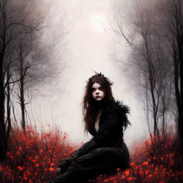 Woman in dark dress surrounded by red flowers in foggy landscape with bare trees and pale sun overhead.