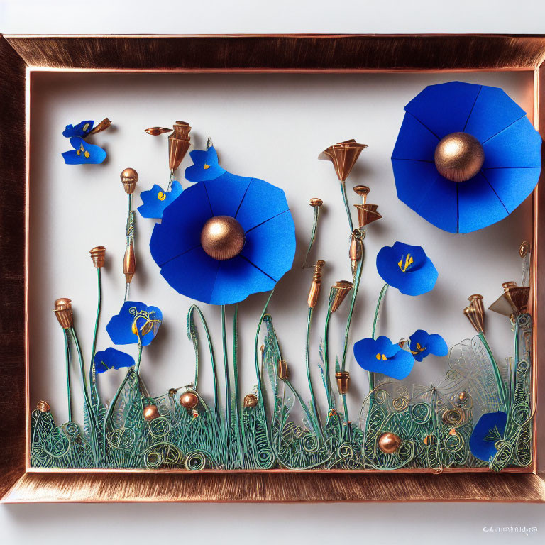 Blue Flower 3D Paper Art: Copper Stems, Green Filigree, Brown Frame