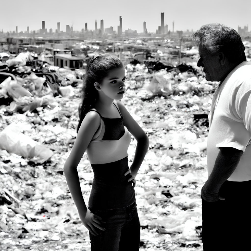 Girl and older man in serious conversation at landfill with city skyline in background