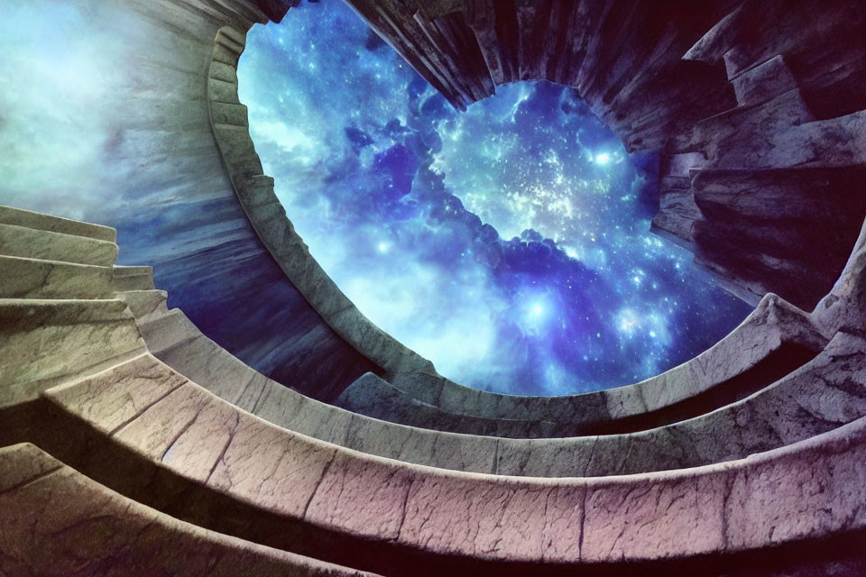 Surreal image: ancient spiral staircase under cosmic sky