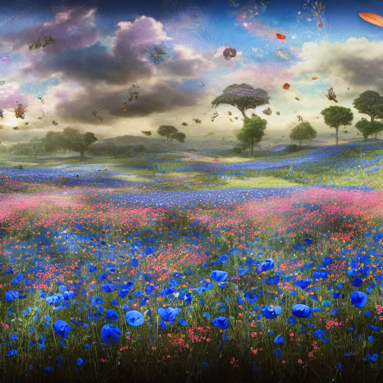 Fantastical landscape with blooming flowers and whimsical creatures