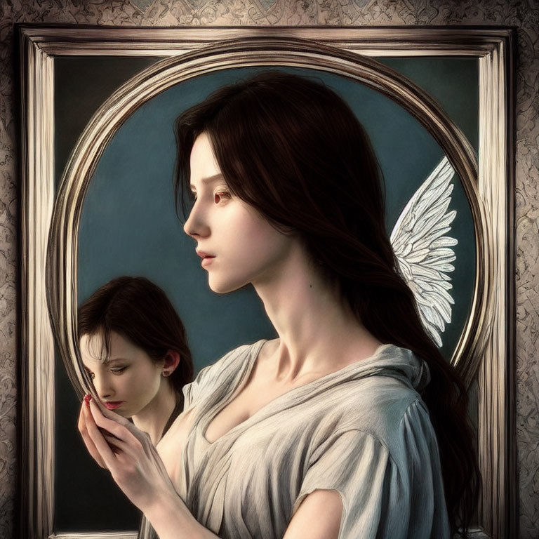 Pensive woman with angel's wing beside mirror holding red apple