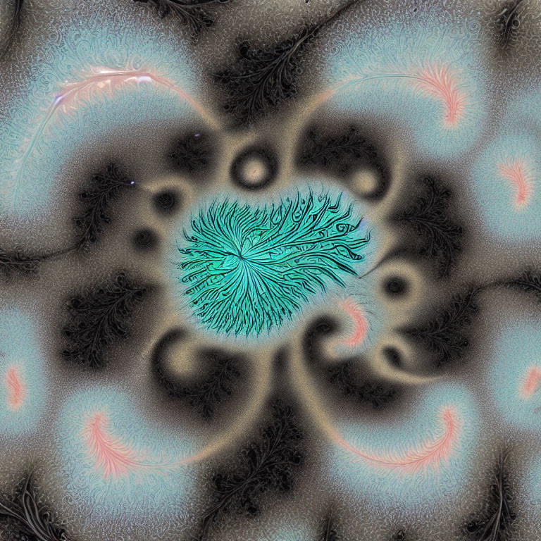 Symmetrical teal feathery fractal pattern with black and glowing accents