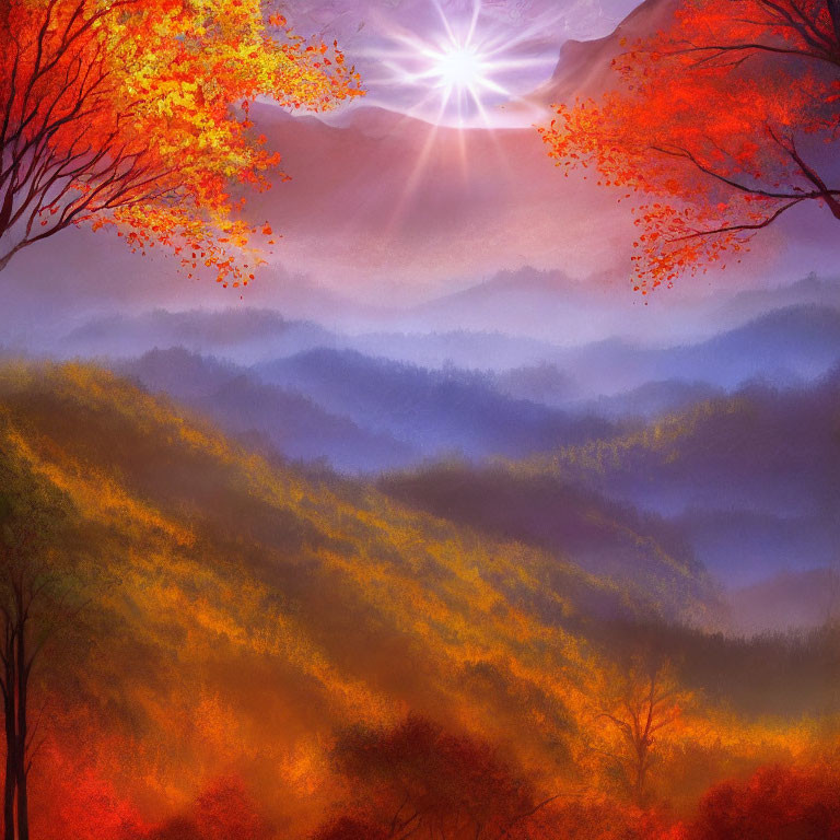 Misty autumn hills with vivid red and orange foliage at sunset