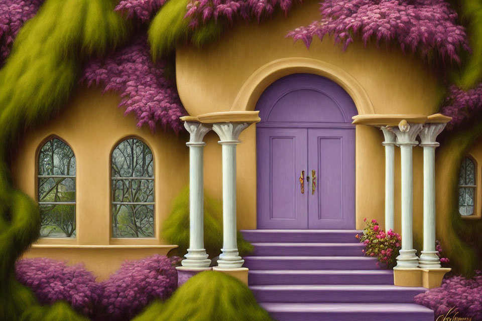 Whimsical house with purple door, white columns, and lush greenery