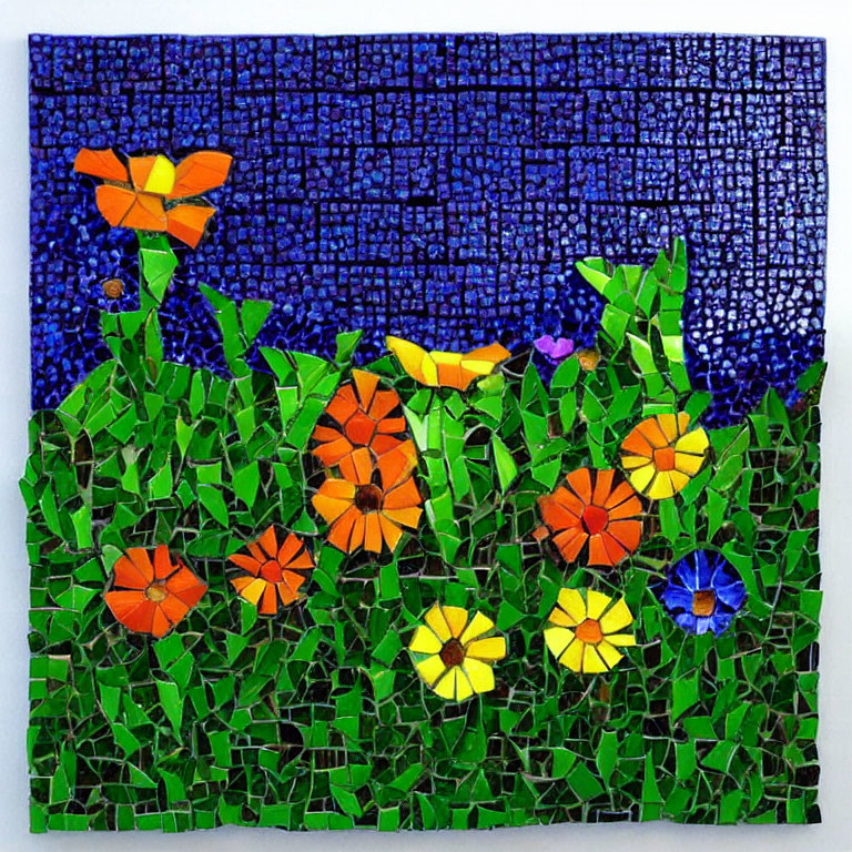 Colorful Flower Mosaic Artwork with Blue Sky and Green Background