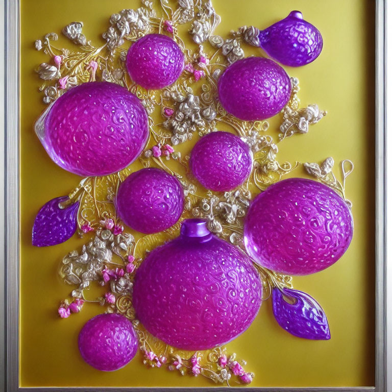 Vibrant purple embossed Christmas ornaments with golden and white twigs on yellow background