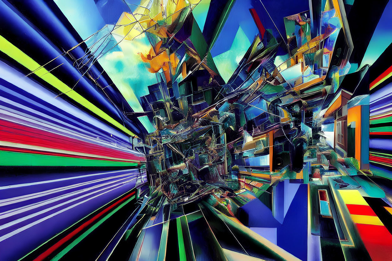 Colorful geometric shapes explode in abstract digital art.