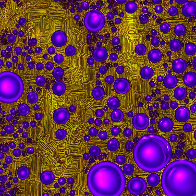 Purple Spheres on Textured Golden Circuit Board Background