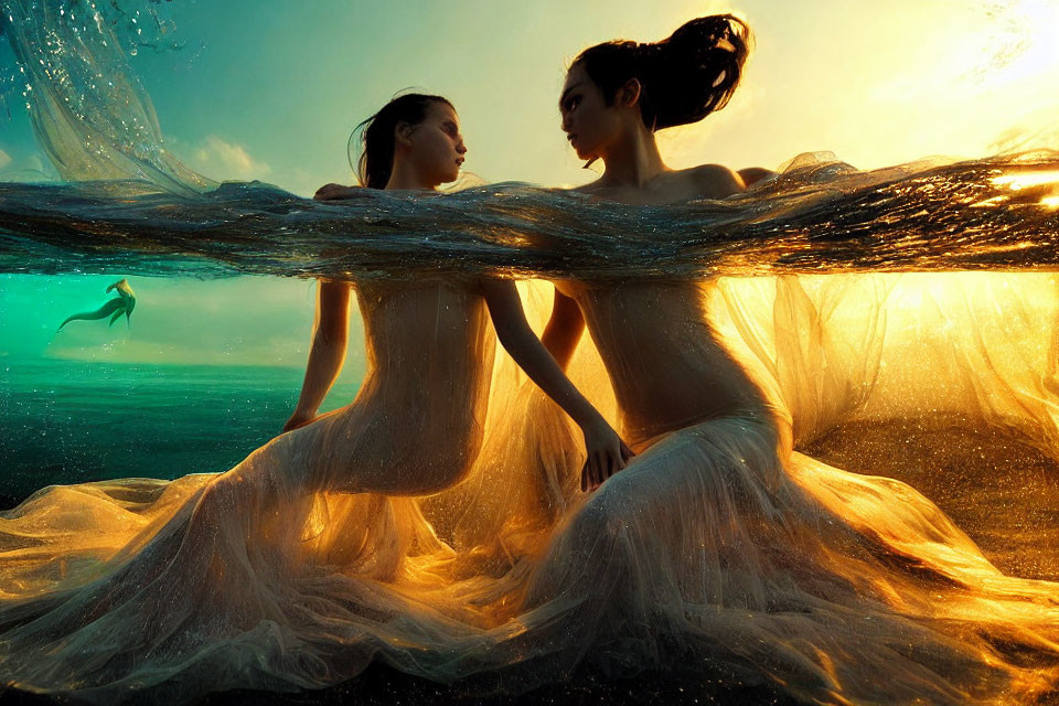 Women in flowing dresses pose in water with dolphin jumping at sunset