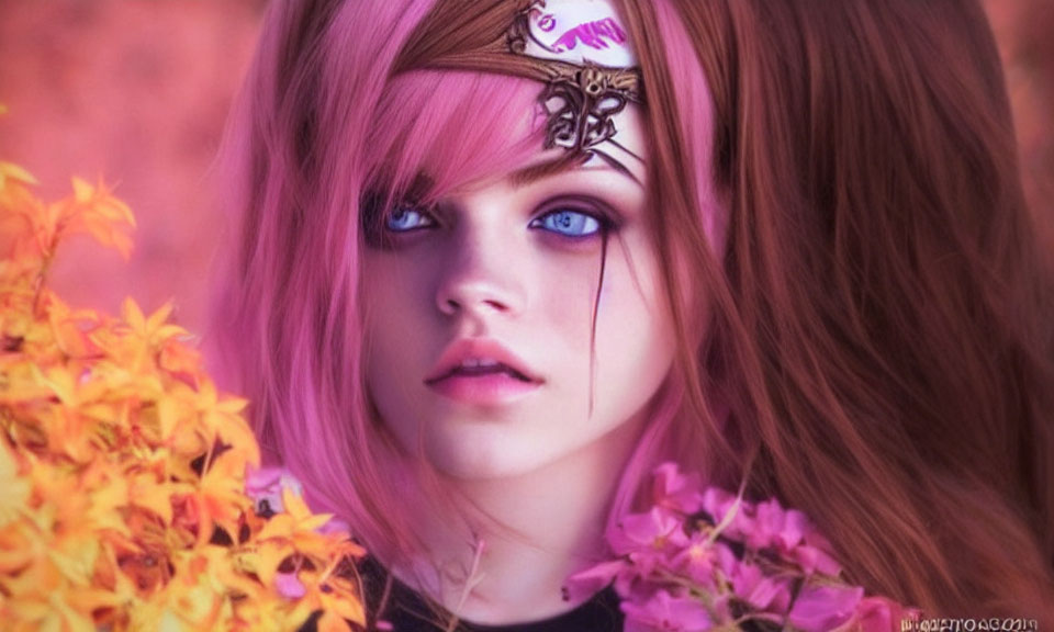 Digital artwork of woman with pink hair and blue eyes in ornate headpiece, set against floral background