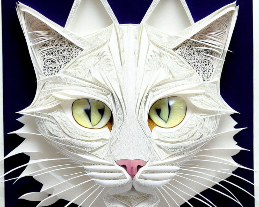 Intricate paper cut-out of a cat's face with yellow-green eyes on dark backdrop