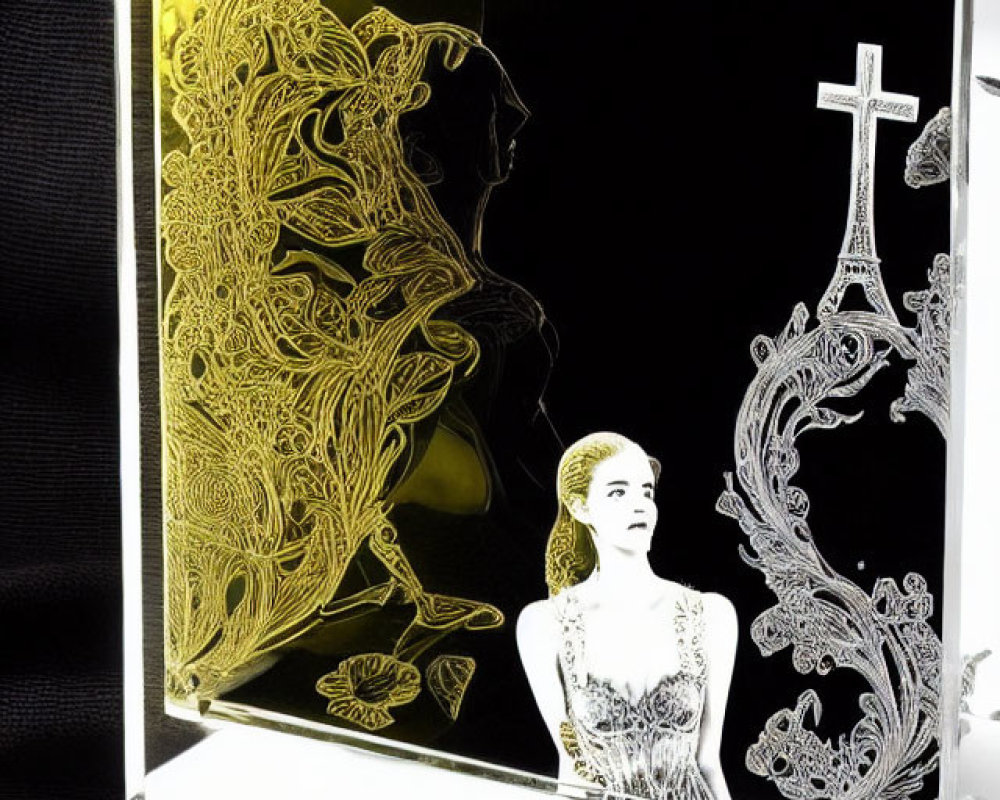 3D Laser-Engraved Crystal Artwork of Woman's Profile with Cross on Black Background