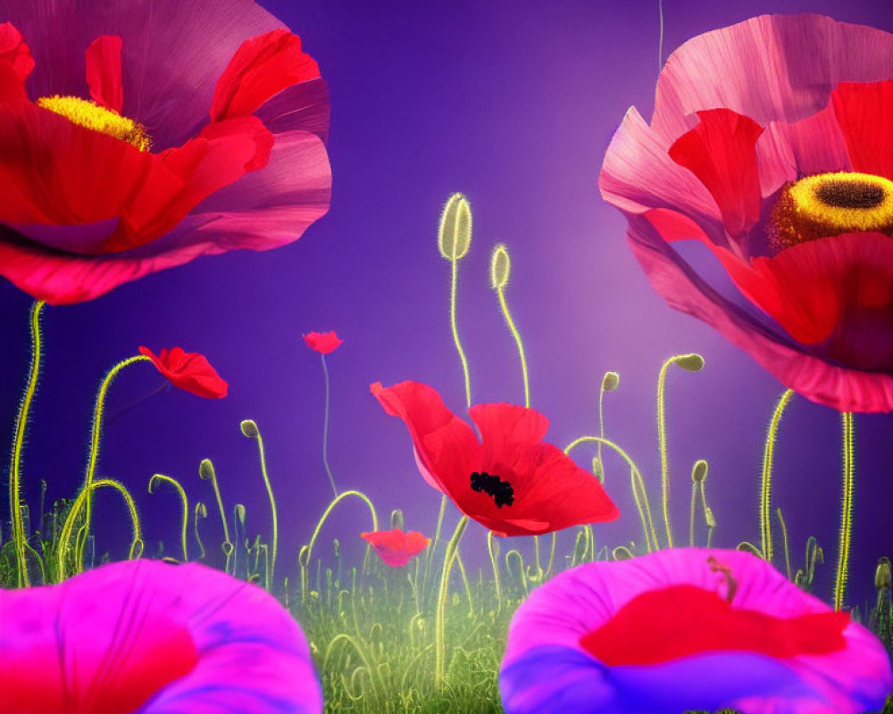Colorful digital artwork featuring red and purple poppies on a surreal purple background with green grass and buds