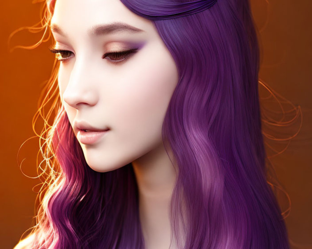 Vivid purple hair portrait on amber background with serene expression