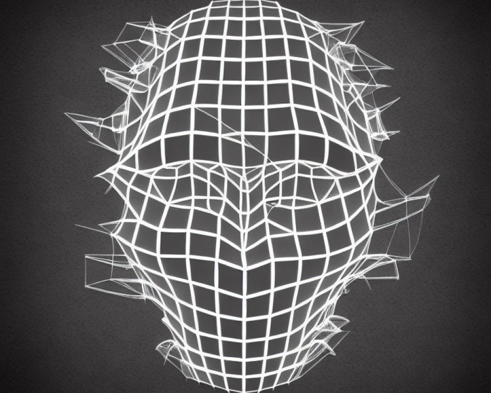 Geometric wireframe model of humanoid face on dark background
