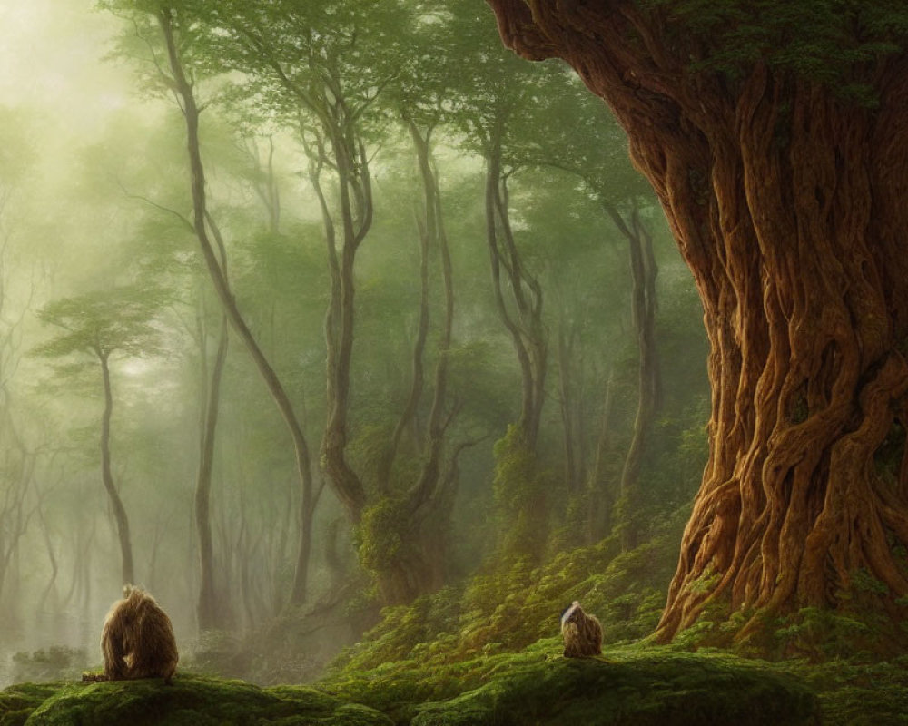 Misty forest with moss-covered trees and bears in lush greenery