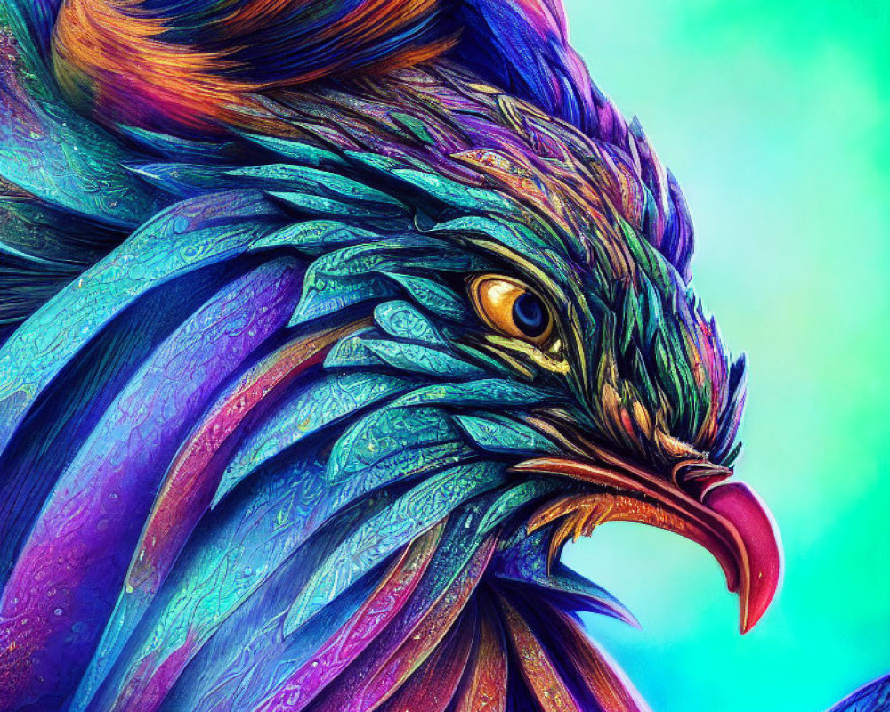 Colorful Rooster Illustration with Iridescent Feathers and Intense Gaze