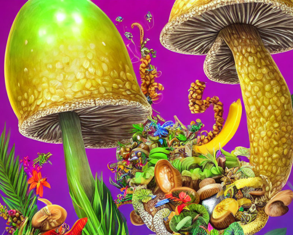 Colorful oversized mushrooms with fruits, flowers, and foliage in vibrant illustration