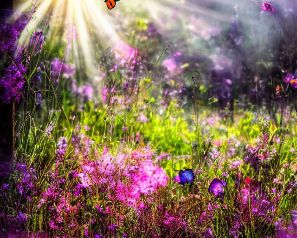 Vivid purple flowers with butterflies in sunlight