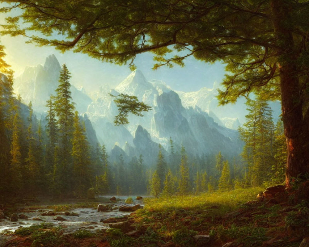 Serene forest scene at sunrise with babbling brook & snow-capped mountains
