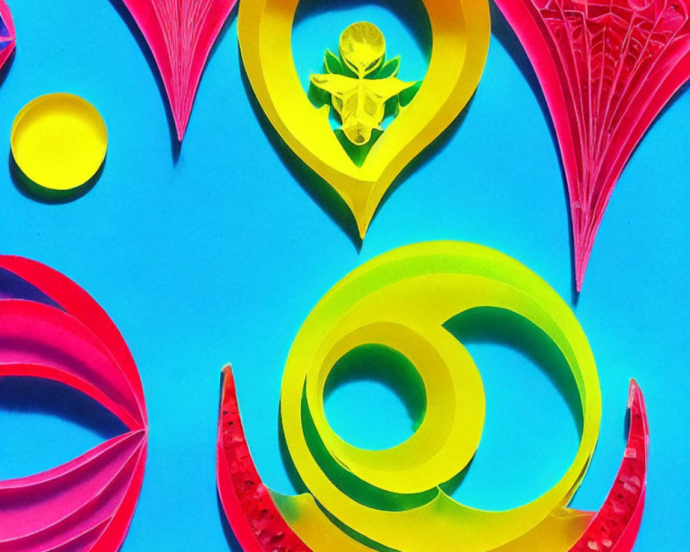 Colorful Paper Art with Intricate Cut-Outs and Swirls on Blue Background