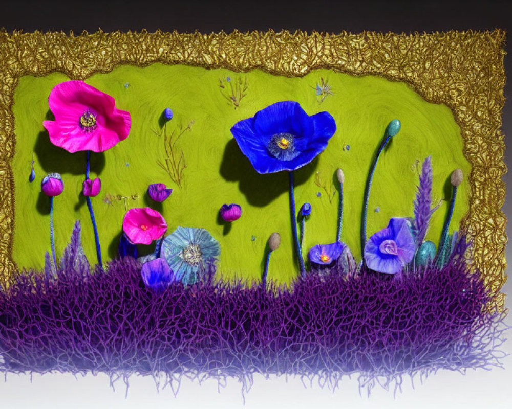 Colorful Textile Art with Green, Blue, Pink Flowers, Purple Texture, and Gold Frame