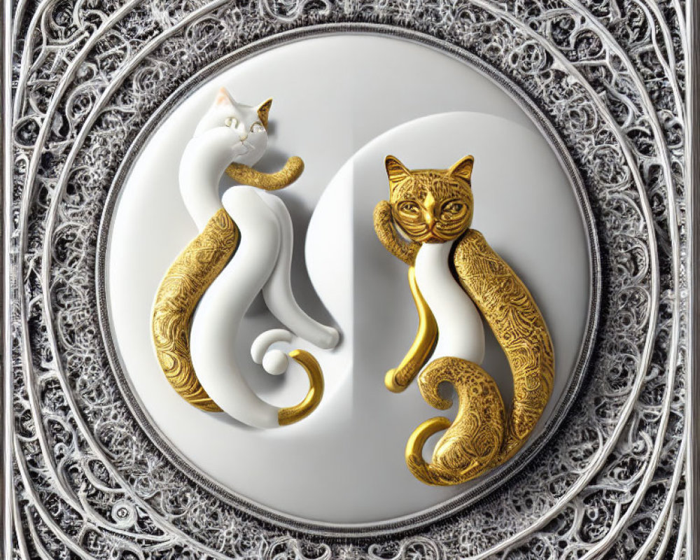 Stylized white and gold cats in yin-yang symbol with silver floral frame