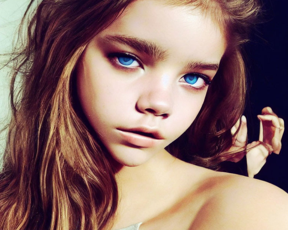 Close-up Portrait of Young Girl with Messy Brown Hair and Blue Eyes