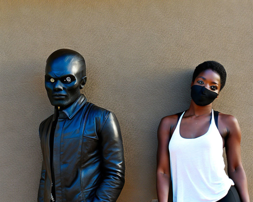 Person in black mask and leather jacket with woman in tank top and mask against tan wall
