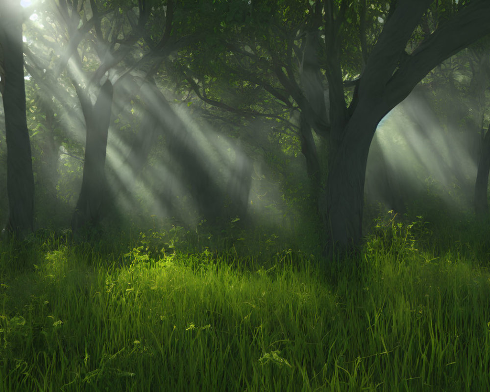 Misty green forest with sunlight streaming through canopy