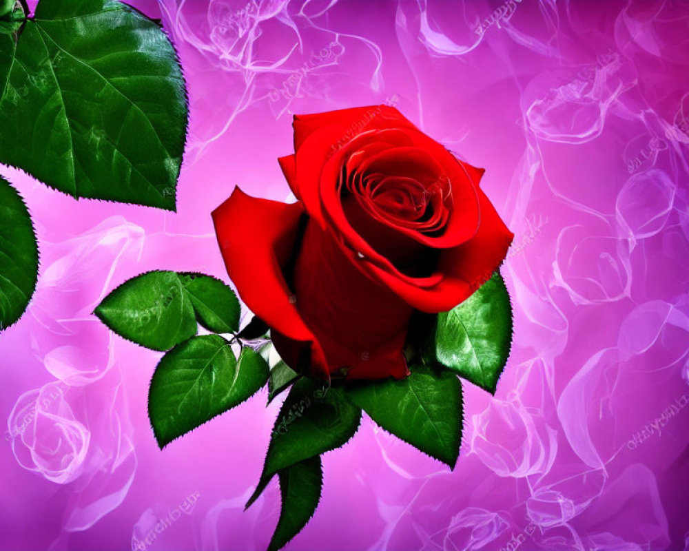 Red rose with green leaves on purple background with rose silhouettes