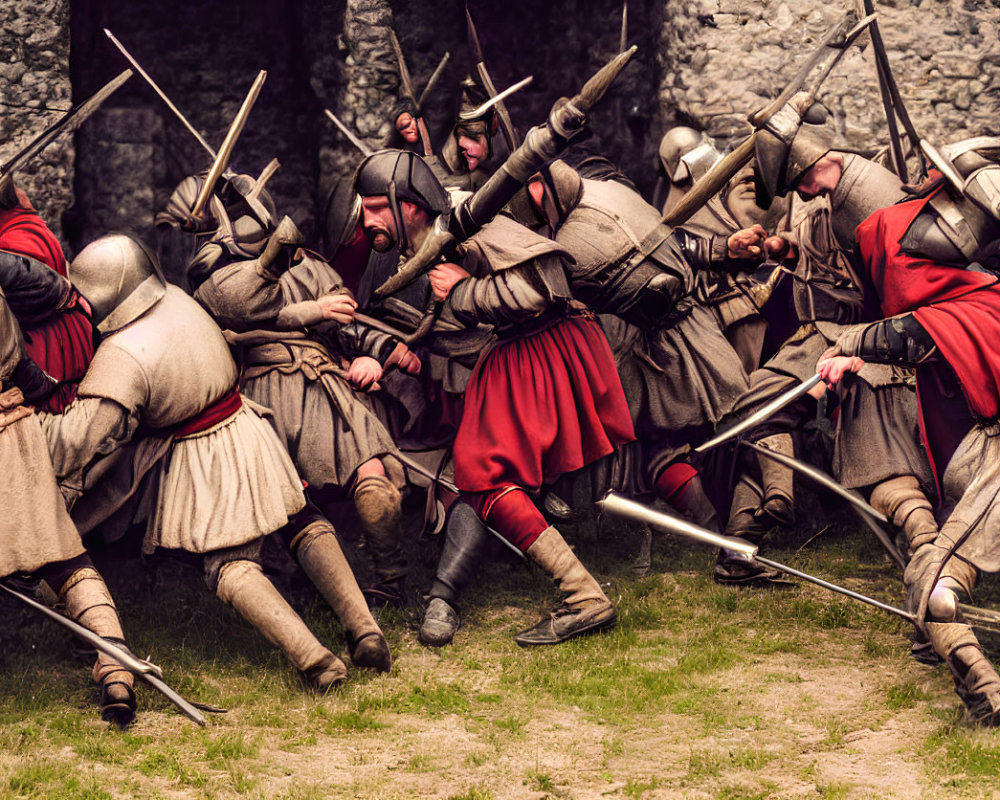 Medieval reenactors in historical costumes battle near stone fortress