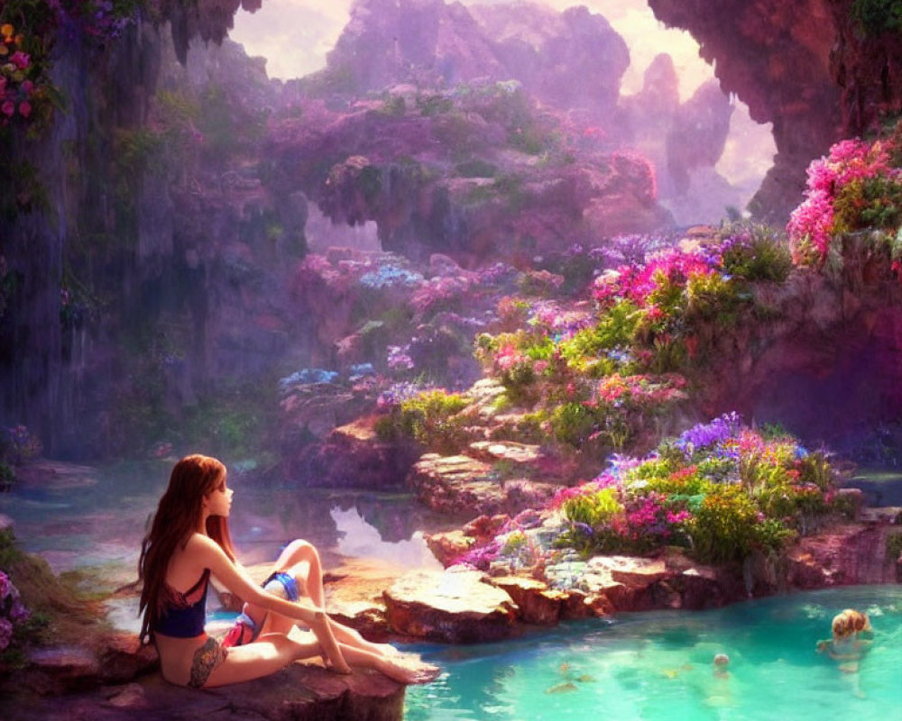 Woman sitting by serene water pool in colorful, sunlit landscape