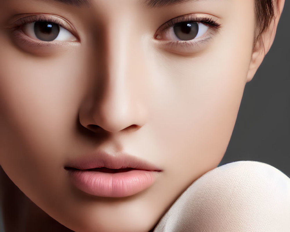 Detailed portrait of woman with clear skin and subtle makeup against grey background